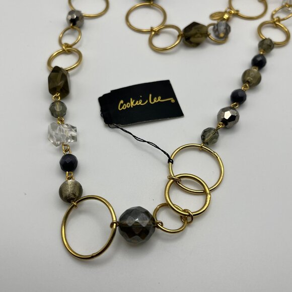 Cookie Lee Gold-Tone Chain Necklace W/ Mixed Beads & Rings Long Length Layered - Picture 5 of 9